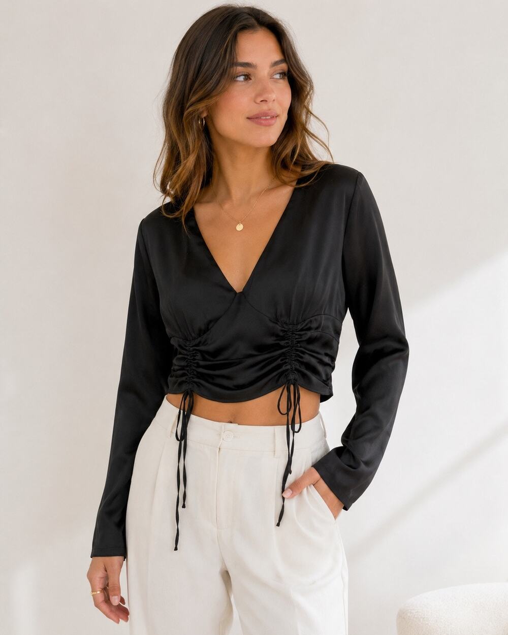 H&M Divided Black Satin Ruched Drawstring Crop Top Long Sleeve V Neck M NWT